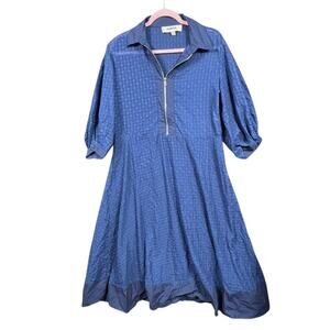 Ipekyol Lace Floral Shift Midi Dress Womens Size 10 Blue 1/2 Zip 3/4 Sleeves